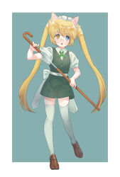 Rule 34 | 1girl, :o, alternate costume, animal ears, aqua background, back bow, blonde hair, blue eyes, blush, border, bow, brown footwear, cane, cat ears, commentary, concealed weapon, eyelashes, eyes visible through hair, fighting stance, full body, glasses, green ribbon, green shorts, green vest, hair between eyes, heterochromia, highres, holding, holding cane, loafers, long hair, looking at viewer, maid headdress, may salamanya, nakatsu shizuru, neck ribbon, open mouth, puffy short sleeves, puffy sleeves, rewrite, ribbon, round eyewear, shirt, shoes, short sleeves, shorts, simple background, solo, standing, straight hair, sword cane, tareme, thighhighs, twintails, v-shaped eyebrows, very long hair, vest, weapon, white border, white bow, white shirt, white thighhighs, yellow eyes, zettai ryouiki