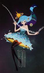 Rule 34 | 1girl, aircraft, airplane, black legwear, blue eyes, blue hair, bone, dress, earrings, english text, evolution, floating hair, highres, hot air balloon, jewelry, liusang, multicolored clothes, multicolored hair, octopus, original, paper cutout, personification, rainbow, satellite, ship, smile, space, sun, watercraft, whale, yacht
