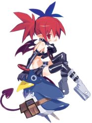 Rule 34 | boots, demon girl, disgaea, etna (disgaea), flat chest, gloves, harada takehito, midriff, miniskirt, official art, prinny, skirt, thighhighs, transparent background, twintails