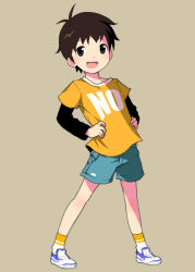 Rule 34 | 1boy, ahoge, bad id, brown eyes, brown hair, child, clothes writing, english text, male focus, noeyebrow (mauve), shirt, solo, t-shirt