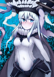 Rule 34 | 10s, 1girl, abyssal ship, bad id, bad pixiv id, blue eyes, blush, bodysuit, cape, gloves, highres, kantai collection, looking at viewer, monster, pale skin, personification, silver hair, solo, suteba (grzjkbhgf), turret, wo-class aircraft carrier