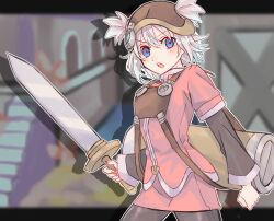 Rule 34 | 1girl, 69871, absurdres, blue eyes, blush, brown hat, hat, highres, holding, holding sword, holding weapon, jacket, long sleeves, looking at viewer, pratty, red jacket, red skirt, skirt, solo, summon night, summon night: swordcraft story, sword, two side up, weapon, white hair