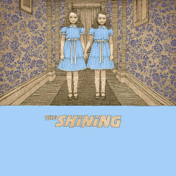 Rule 34 | 2girls, black footwear, black hair, blue dress, checkered clothes, checkered legwear, copyright name, curtains, dress, grady sisters (the shining), holding hands, long hair, looking at viewer, multiple girls, ruhanalove, shoes, short sleeves, siblings, sisters, socks, the shining, twins, wallpaper (object), wide shot, window