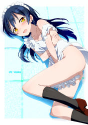 Rule 34 | 10s, 1girl, apron, ass, bad id, bad pixiv id, black socks, blue hair, blush, brown eyes, character name, covering privates, covering crotch, crossed arms, embarrassed, gotyou, kneehighs, legs, loafers, long hair, looking at viewer, love live!, love live! school idol project, lying, maid apron, maid headdress, naked apron, on side, open mouth, shoes, smile, socks, solo, sonoda umi, tears, wavy mouth, yellow eyes