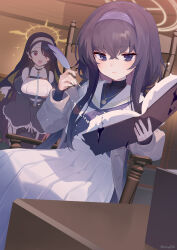 Rule 34 | 2girls, ainy, bags under eyes, black hair, blue archive, book, breasts, brown halo, commentary request, crossed bangs, dot nose, grey jacket, hair between eyes, hair over one eye, hairband, halo, highres, hinata (blue archive), holding, holding book, holding pen, holding quill, indoors, ink, jacket, jewelry, large breasts, long hair, looking at another, looking at object, looking down, multiple girls, neckerchief, necklace, nun, open clothes, open jacket, open mouth, pen, purple eyes, purple hairband, purple neckerchief, quill, red eyes, sailor collar, school uniform, serafuku, shirt, sitting, skirt, smile, tearing up, turtleneck, twitter username, ui (blue archive), veil, white sailor collar, white serafuku, white shirt, white skirt, yellow halo