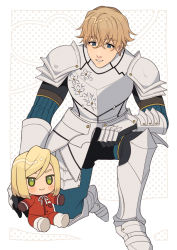 Rule 34 | 1boy, armor, armored boots, blonde hair, blue eyes, boots, breastplate, brown hair, character doll, fate/extra, fate (series), gauntlets, gawain (fate), green eyes, hair between eyes, heart, karokuchitose, knee boots, leonard bistario harway, male focus, on one knee, parted lips, pauldrons, polka dot, polka dot background, shoulder armor, smile, solo