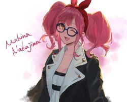 Rule 34 | 1girl, alternate costume, brown eyes, character name, glasses, highres, looking at viewer, macross, macross delta, makina nakajima, medium hair, one eye closed, open mouth, pink hair, pote-mm, solo, triangle mouth, twintails