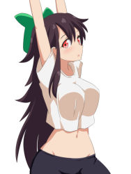 Rule 34 | 1girl, arms up, black hair, bow, breasts, cato (monocatienus), commentary request, crop top, exercising, green bow, groin, hair bow, hair ribbon, large breasts, long hair, looking at viewer, looking to the side, midriff, navel, no wings, parted lips, red eyes, reiuji utsuho, ribbon, shirt, simple background, solo, touhou, white background, white shirt