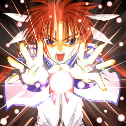 Rule 34 | 00s, 1girl, blood, bow, brown hair, energy ball, fingerless gloves, gloves, looking at viewer, lyrical nanoha, magic, magical girl, mahou shoujo lyrical nanoha, open mouth, purple eyes, red bow, red hair, setsugekka (ja nach), solo, takamachi nanoha, teeth, torn clothes, torn gloves, twintails, white devil