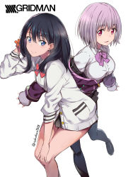 Rule 34 | 10s, 2girls, absurdres, black footwear, black hair, black pantyhose, blue eyes, bow, bowtie, breasts, cardigan, collared shirt, copyright name, cowboy shot, gridman universe, hand in own hair, hand on own knee, highres, leaning forward, long sleeves, looking at viewer, medium breasts, miniskirt, multiple girls, off shoulder, open mouth, pantyhose, pink hair, pleated skirt, red eyes, scrunchie, shinjou akane, shirt, shoes, short hair, simple background, skirt, small breasts, smile, ssss.gridman, sweater, takahan, takarada rikka, twitter username, white background, wrist scrunchie, zipper