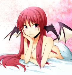 Rule 34 | 1girl, arm support, bad id, bad pixiv id, breasts, cleavage, collarbone, female focus, gradient background, head wings, koakuma, large breasts, light smile, long hair, looking at viewer, nude, on bed, pov across bed, red eyes, red hair, solo, touhou, under covers, wings, yatsuhashi kyouto