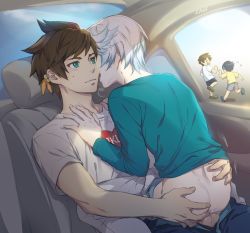 Rule 34 | 10s, 4boys, anal, ass, ass grab, blush, car, car interior, cum, cum in ass, cumdrip, male focus, male penetrated, mikleo (tales), motor vehicle, multiple boys, outdoors, public indecency, sex, sitting, sitting on person, smile, sorey (tales), steam, straddling, sweat, tagme, tales of (series), tales of zestiria, testicles, upright straddle, vehicle, yaoi, zehel az