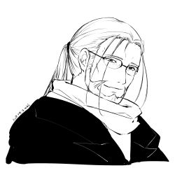 Rule 34 | 1boy, 2022, beard, closed mouth, cropped torso, dated, facial hair, fullmetal alchemist, glasses, greyscale, highres, long hair, looking at viewer, male focus, mini (pixiv6327751), monochrome, ponytail, simple background, sketch, smile, solo, upper body, van hohenheim, white background