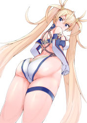 Rule 34 | 1girl, ass, back, bad id, bad pixiv id, bare shoulders, blonde hair, blue eyes, blush, bradamante (fate), bradamante (third ascension) (fate), braid, breasts, butt crack, crown braid, elbow gloves, fate/grand order, fate (series), gloves, hair between eyes, highleg, long hair, looking at viewer, looking back, medium breasts, sikijou77o, simple background, solo, thigh strap, thighs, twintails, very long hair, white background