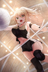 Rule 34 | 1girl, :o, absurdres, armband, armpits, ball, bandaged fingers, bandages, bare arms, bare shoulders, black shirt, black shorts, blonde hair, breasts, caba (caba091), commentary, crop top, green eyes, highres, holding, knee pads, large breasts, long hair, looking at viewer, midriff, mole, mole under eye, navel, open mouth, original, panties, panty peek, ponytail, shirt, short shorts, shorts, sideboob, sleeveless, sleeveless shirt, solo, sportswear, stomach, sweat, sweatband, thighs, underwear, v-shaped eyebrows, volleyball, volleyball (object), volleyball net, volleyball uniform, white panties