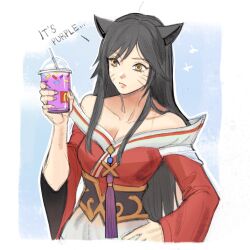 Rule 34 | 1girl, ahri (league of legends), animal ears, bare shoulders, black hair, breasts, collarbone, english text, facial mark, fox ears, grimace shake (meme), hand on own hip, highres, korean clothes, large breasts, league of legends, long hair, long sleeves, meme, orange eyes, sawolapril, solo, whisker markings, white background, wide sleeves