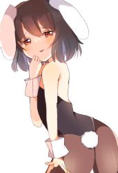 Rule 34 | 1girl, alternate costume, animal ears, ass, black hair, black leotard, blush, brown pantyhose, commentary request, cowboy shot, flat chest, floppy ears, hair between eyes, highres, inaba tewi, leotard, looking at viewer, looking back, open mouth, pantyhose, playboy bunny, rabbit ears, rabbit girl, rabbit tail, red eyes, short hair, simple background, smile, smug, solo, strapless, strapless leotard, tail, touhou, white background, wrist cuffs, zerokosan