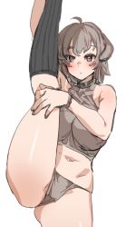 Rule 34 | 1girl, ahoge, black socks, blush, bow (bhp), breasts, brown hair, closed mouth, collar, feet out of frame, grey eyes, grey panties, large breasts, looking at viewer, navel, original, panties, simple background, socks, solo, split, standing, standing on one leg, standing split, studded collar, underwear, white background, wristband