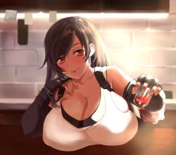 Rule 34 | 1girl, absurdres, bare shoulders, black hair, blush, breasts, cleavage, final fantasy, final fantasy vii, final fantasy vii remake, highres, huge breasts, long hair, looking at viewer, red eyes, rye (hyn uka), smile, solo, tifa lockhart, upper body