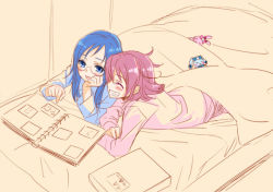 Rule 34 | 2girls, :d, ^ ^, aida mana, album (object), alternate hairstyle, bed, bed sheet, blue eyes, blue hair, blush, blush stickers, book, bow, head rest, clenched hand, couple, dokidoki! precure, closed eyes, flipped hair, glasses, grin, hair down, happy, hishikawa rikka, indoors, long hair, long sleeves, lying, monochrome, multiple girls, on stomach, ooshima tomo, open book, open mouth, pajamas, partially colored, photo (object), pointing, precure, purple hair, rakeru (dokidoki! precure), sharuru (dokidoki! precure), shirt, short hair, sketch, sleeping, smile, under covers, yuri