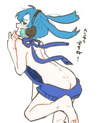 Rule 34 | 1girl, artist request, ass, bare legs, barefoot, blue eyes, blue hair, blush, breasts, butt crack, ene (kagerou project), feet, hand on own face, headphones, kagerou project, legs, pale skin, sideboob, smug, soles, sweater, thighs, toes, virgin killer sweater