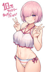 Rule 34 | 1girl, bare shoulders, bikini, blush, breasts, closed mouth, collarbone, double v, fate/grand order, fate (series), hair over one eye, highres, jp06, large breasts, light purple hair, looking at viewer, mash kyrielight, mash kyrielight (swimsuit of perpetual summer ver.02), navel, official alternate costume, purple eyes, rainbow bikini, see-through, short hair, simple background, smile, solo, stomach, striped bikini, striped clothes, swimsuit, thighs, v, white background