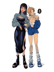 Rule 34 | 2girls, ahoge, alternate costume, arm tattoo, black dress, black footwear, black hair, blue eyes, blue footwear, blue jacket, blue shorts, blush stickers, boots, bra, breasts, cleavage, commentary, dress, full body, grin, hand on own hip, hand to own mouth, highres, jacket, locked arms, looking at another, looking to the side, makenevemoiine, medium breasts, medium hair, multiple girls, nami (one piece), nico robin, off shoulder, one piece, open clothes, open jacket, open mouth, orange hair, parted bangs, platform footwear, shoes, short hair, short shorts, shorts, shrug (clothing), side slit, simple background, smile, sneakers, socks, sports bra, standing, straight hair, tattoo, teeth, toes, underwear, white background, white bra, white legwear