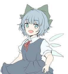 Rule 34 | 1girl, :d, absurdres, blouse, blue dress, blue eyes, blue hair, blush, bow, cirno, collared shirt, dress, fairy wings, fang, green bow, hair bow, highres, kuromame (8gou), looking at viewer, neck ribbon, open mouth, pinafore dress, puffy short sleeves, puffy sleeves, red ribbon, ribbon, shirt, short hair, short sleeves, simple background, sleeveless dress, smile, solo, touhou, upper body, white background, white shirt, wings
