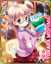 Rule 34 | 1girl, beads, blonde hair, book, cardigan, closed mouth, ghost, girlfriend (kari), glasses, grey eyes, holding, indoors, japanese text, jewelry, library, looking at viewer, mishima yurara, necklace, neckwear request, official art, pink sweater, plaid, plaid skirt, qp:flapper, red skirt, school, short hair, side ponytail, sitting, skirt, smile, solo, sweater, tagme, translation request
