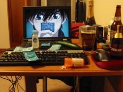 Rule 34 | 00s, 1boy, 2d dating, alcohol, beer, chimay, condom, cucumber, drugs, food, food insertion, full metal panic!, instrument, keyboard, keyboard (computer), lonely, male focus, monitor, mouse (computer), object insertion, otaku room, photo (medium), pill, sagara sousuke, solo, yaoi