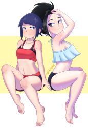 Rule 34 | 10s, 2girls, absurdres, asymmetrical hair, bare arms, bare shoulders, barefoot, black eyes, black hair, blue hair, boku no hero academia, breasts, closed mouth, collarbone, feet, frills, glitchynpc, highres, jirou kyouka, medium breasts, midriff, multiple girls, navel, ponytail, revision, short hair, shorts, simple background, sitting, small breasts, smile, sports bra, toes, yaoyorozu momo