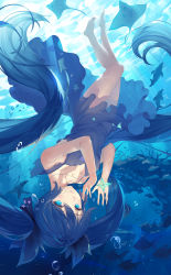 Rule 34 | 1girl, aqua eyes, aqua hair, baisi shaonian, barefoot, bubble, dress, hatsune miku, highres, jewelry, long hair, looking at viewer, necklace, shinkai shoujo (vocaloid), smile, solo, submerged, twintails, underwear, upside-down, very long hair, vocaloid