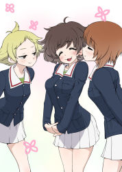 Rule 34 | 10s, 3girls, :3, ^ ^, akiyama yukari, arms behind back, blonde hair, blue jacket, brown eyes, brown hair, closed eyes, closed mouth, commentary, cowboy shot, erwin (girls und panzer), girls und panzer, green shirt, half-closed eyes, holding hands, imminent kiss, interlocked fingers, jacket, leaning forward, long sleeves, looking at another, messy hair, military, military uniform, miniskirt, multiple girls, nishizumi miho, ooarai military uniform, open mouth, own hands together, pleated skirt, pointy hair, shirt, short hair, simple background, skirt, smile, standing, uniform, v arms, wata do chinkuru, white background, white skirt, yuri