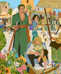 Rule 34 | 2boys, blonde hair, facial hair, feleven, flower, green hair, hair over one eye, highres, jacket, jacket on shoulders, male focus, market, market stall, multiple boys, aged up, one piece, outdoors, price tag, roronoa zoro, sanji (one piece), scar, scar across eye, scar on face, sheath, sheathed, shopping, short hair, sketch, sleeves rolled up, smile