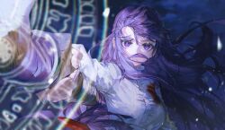Rule 34 | 1girl, blood, blood on clothes, breasts, collar, dress, fern (sousou no frieren), frilled collar, frills, highres, holding, holding staff, large breasts, long hair, mage staff, magic, purple eyes, purple hair, quasarcake, solo, sousou no frieren, staff, straight hair, white dress