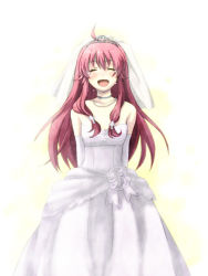 Rule 34 | 10s, 1girl, angel beats!, bare shoulders, blush, bride, courreges ace, dress, face, gown, hair down, open mouth, simple background, solo, tears, wedding dress, yui (angel beats!)