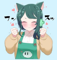Rule 34 | 1girl, animal ears, apron, blush, cat ears, clenched hand, closed eyes, clover hair ornament, facing viewer, frown, green hair, hair ornament, heart, highres, long hair, long sleeves, simple background, solo, sumi suya, sunao na kapipara, sweater, upper body, virtual youtuber