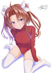 Rule 34 | 1girl, absurdres, ahoge, alternate costume, ayuman, breasts, brown hair, hair ribbon, heattech leotard, highleg, highleg leotard, highres, kagerou (kancolle), kantai collection, leotard, meme attire, purple eyes, red leotard, ribbed leotard, ribbon, sitting, small breasts, solo, thighhighs, turtleneck, twintails, wariza, white ribbon, white thighhighs