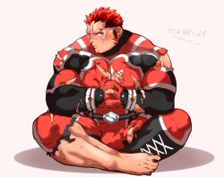Rule 34 | 1boy, akashi (live a hero), bara, blush, bodysuit, boots, closed mouth, highres, indian style, kizami nori to yamaimo, large pectorals, live a hero, male focus, muscular, muscular male, pectorals, red bodysuit, red hair, scar, scar on face, scar on nose, short hair, simple background, sitting, solo, torn bodysuit, torn clothes, translation request, twitter username, visor, white background