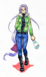 Rule 34 | 00s, 1girl, bag, boots, casual, denim, fate/stay night, fate (series), glasses, jacket, jeans, kikuta, long hair, low-tied long hair, medusa (fate), medusa (rider) (fate), pants, shopping bag, solo, square pupils, sweater, very long hair