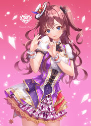 Rule 34 | 1girl, black bow, blue eyes, bow, brown hair, dress, gradient background, hair bow, hat, heart, heart hands, highres, ichinose shiki, idolmaster, idolmaster cinderella girls, long hair, looking at viewer, lunacle, mini hat, pink background, purple dress, short sleeves, smile, solo, standing, tilted headwear, white hat
