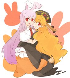 Rule 34 | 2girls, animal ears, bad id, bad twitter id, black dress, blonde hair, chinese clothes, chinese hat, dress, eyebrows, hat, junko (touhou), kemonomimi mode, long hair, long sleeves, looking at viewer, multiple girls, necktie, one eye closed, open mouth, purple hair, rabbit, rabbit ears, rabbit tail, red eyes, red necktie, reisen udongein inaba, simple background, skirt, tabard, tail, tama (hiroshige 36), thick eyebrows, touhou, very long hair, white background, wide sleeves
