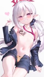 Rule 34 | 1girl, arata (xin), black shorts, blue archive, blush, cameltoe, cleft of venus, collarbone, feet out of frame, flat chest, grey hair, grin, halo, heart, highres, long hair, long sleeves, looking at viewer, mutsuki (blue archive), mutsuki (suit) (blue archive), navel, necktie, official alternate costume, orange panties, panties, pink eyes, pointy ears, ponytail, red halo, red necktie, shorts, simple background, slit pupils, smile, solo, underwear, white background