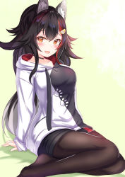 Rule 34 | 1girl, animal ears, arm support, black choker, black hair, black shorts, breasts, brown pantyhose, choker, drawstring, hair ornament, highres, hololive, hood, hooded jacket, jacket, long hair, long sleeves, looking at viewer, medium breasts, multicolored clothes, multicolored hair, multicolored jacket, no shoes, ookami mio, ookami mio (casual), open mouth, orange eyes, pantyhose, short shorts, shorts, sidelocks, sitting, smile, solo, streaked hair, two-tone jacket, virtual youtuber, white jacket, wolf ears, yuano