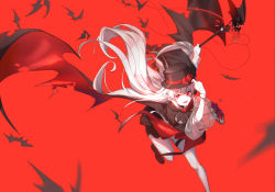 Rule 34 | 1girl, absurdres, arknights, black hat, blood, cape, gloves, hair between eyes, halloween, hat, highres, holding, holding staff, jacket, long hair, looking at viewer, official alternate costume, open mouth, pale skin, pointy ears, red eyes, running, see-through, smile, solo, staff, stitches, thigh strap, vampire, very long hair, warfarin (arknights), warfarin (the feast) (arknights), white gloves, white hair, yumuto (spring1786)