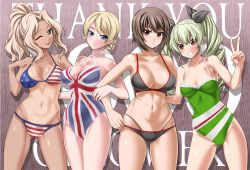 Rule 34 | 4girls, ;d, adjusting bow, alternate hairstyle, american flag, american flag bikini, american flag print, anchovy (girls und panzer), arm around back, bikini, bikini bottom only, black bikini, black ribbon, blonde hair, blue eyes, blush, bow, braid, breasts, brown eyes, brown hair, closed mouth, commentary request, covered navel, criss-cross halter, darjeeling (girls und panzer), drill hair, flag print, frown, girls und panzer, gluteal fold, green hair, green one-piece swimsuit, grin, hair intakes, hair ribbon, hair up, halterneck, hand on another&#039;s shoulder, head tilt, kay (girls und panzer), large breasts, leaning to the side, locked arms, long hair, looking at viewer, medium breasts, milestone celebration, multi-strapped bikini, multiple girls, navel, nishizumi maho, one-piece swimsuit, one eye closed, open mouth, partial commentary, print bikini, print swimsuit, red eyes, ribbon, saitou gabio, short hair, skindentation, smile, standing, swimsuit, tan, tanline, text background, thank you, trait connection, twin drills, twintails, union jack bikini, v