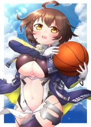 Rule 34 | 1girl, ahoge, armor, azur lane, ball, baltimore (azur lane), basketball, basketball (object), black thighhighs, blue coat, blue sky, blush, braid, breasts, brown hair, center opening, character name, clothing cutout, cloud, coat, commentary request, cowboy shot, day, faulds, french braid, garter straps, gloves, hair between eyes, heavy breathing, highres, holding, holding ball, hood, hooded coat, kado (hametunoasioto), large breasts, lens flare, long sleeves, looking at viewer, multicolored coat, navel, open clothes, open coat, open mouth, pelvic curtain, short hair, sidelocks, skindentation, sky, solo, standing, stomach cutout, sweat, taut clothes, teeth, thighhighs, underboob, underboob cutout, upper teeth only, visor (armor), white gloves, yellow eyes