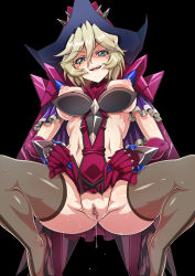 Rule 34 | 1girl, aged up, ass, black background, black thighhighs, blonde hair, blue eyes, blush, breasts, breasts out, carol malus dienheim, censored, clothes lift, clothing cutout, commentary request, elbow gloves, gloves, hat, highres, large breasts, looking at viewer, mole, mole under eye, mosaic censoring, naughty face, nipples, no panties, open mouth, presenting, purple gloves, pussy, pussy juice, senki zesshou symphogear, shiny clothes, shiny skin, short hair, side cutout, simple background, skirt, skirt lift, smile, solo, spread legs, squatting, syunzou, thighhighs, thighs, witch hat