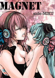 Rule 34 | 2girls, alice-yuki, aqua hair, asymmetrical docking, bad id, bad pixiv id, bare arms, bare shoulders, black dress, blue nails, breast press, breasts, bug, butterfly, butterfly hair ornament, character name, cleavage, copyright name, couple, dress, closed eyes, face-to-face, female focus, hair between eyes, hair ornament, hat, hatsune miku, headphones, hug, imminent kiss, bug, large breasts, long hair, magnet (vocaloid), medium breasts, megurine luka, mini hat, mini top hat, multiple girls, nail polish, neck, open mouth, pink hair, pink nails, round teeth, symmetrical docking, teeth, top hat, twintails, upper body, very long hair, vocaloid, yuri