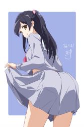 Rule 34 | 1girl, ass, bent over, black hair, closed mouth, clothes lift, dated, from behind, grey shirt, grey skirt, highres, long hair, long sleeves, looking at viewer, looking back, neckerchief, nii manabu, original, pleated skirt, ponytail, red neckerchief, sailor collar, school uniform, serafuku, shirt, signature, simple background, skirt, skirt lift, smile, solo, two-tone background, uniform, yellow eyes